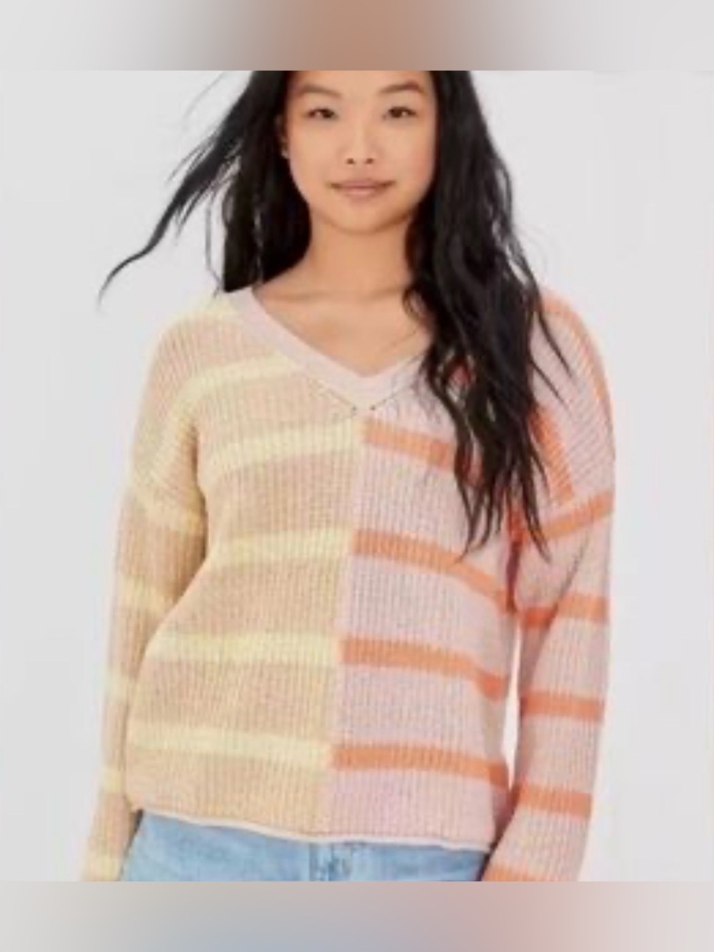 American Eagle Casual & Pretty Pink Peach Yellow Striped V-Neck Sweater Sz XS